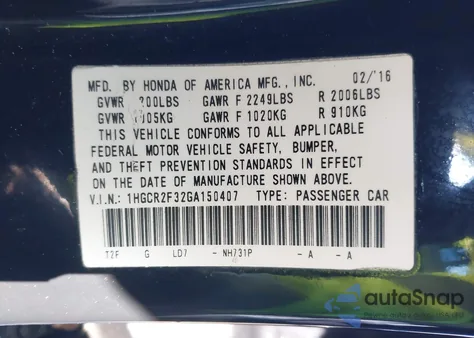 2016 Honda Accord Lx z USA, uszkodzony, nr VIN 1HGCR2F32GA150407